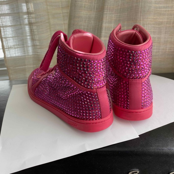 GUCCI PINK FUSCHIA LEATHER FAUX DIAMOND ACCENT LACED HI-CUT SNEAKERS RUBBER 37-7 - Picture 5 of 10